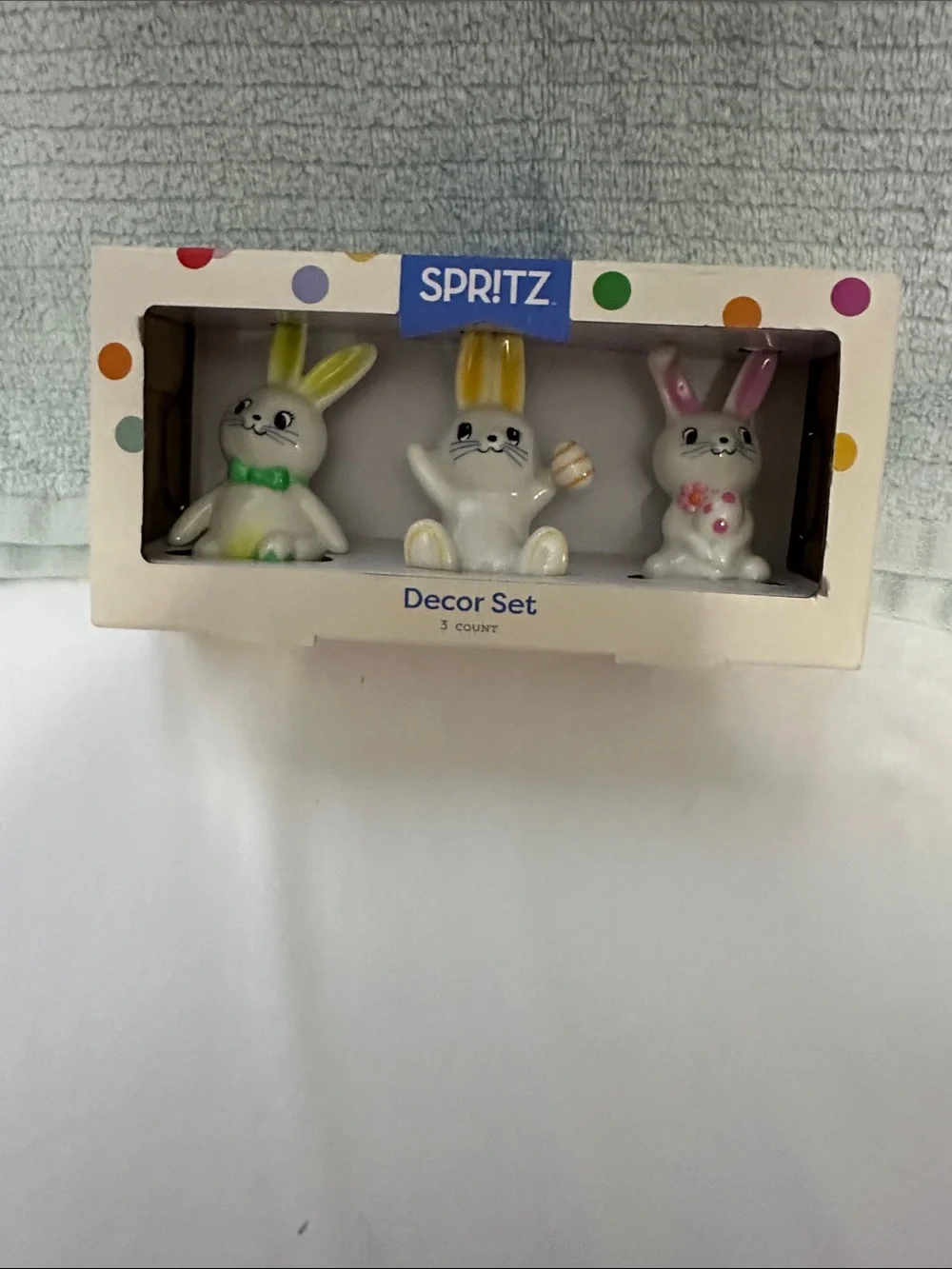 Spritz White Ceramic Bunny Decor Set with Green, Yellow and Pink Accents NWT